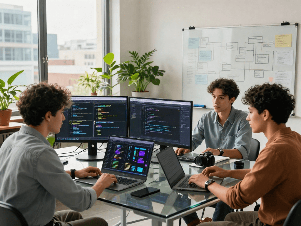 Team of engineers collaborating on juicy ai solutions in a modern office setting.