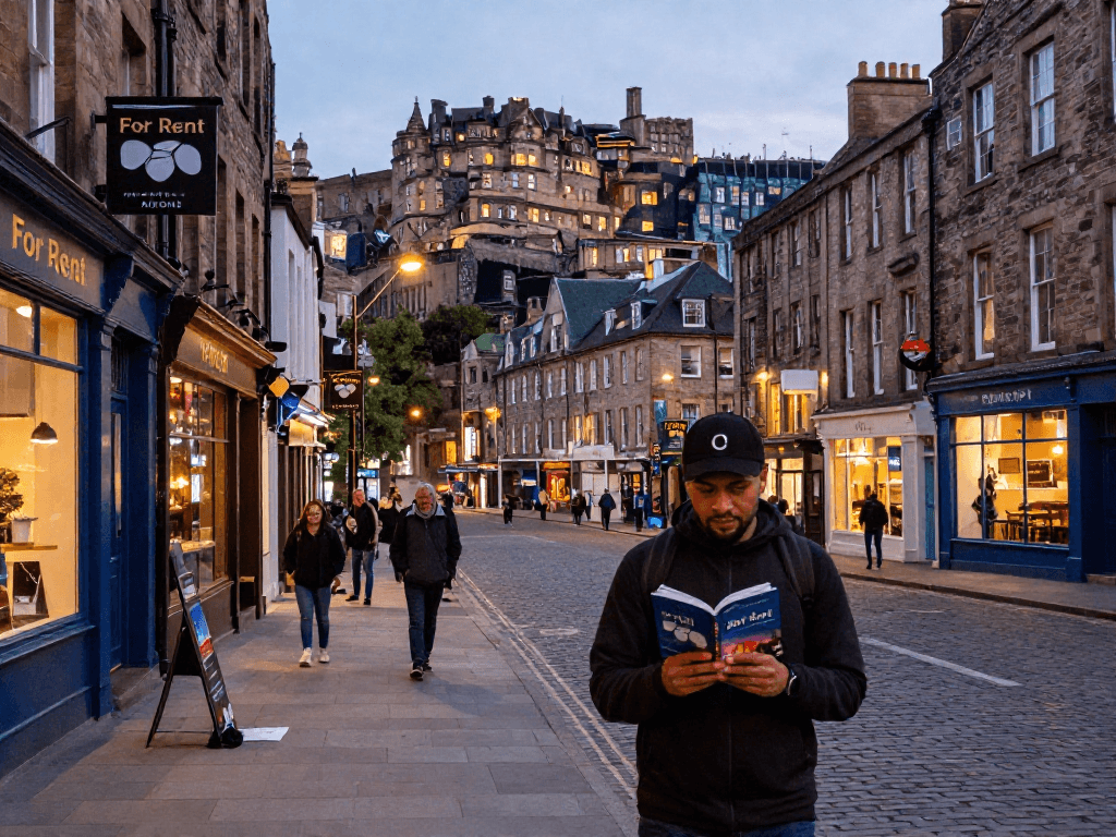 Discover short term lets Edinburgh with a scene showcasing tourists exploring rental properties and local culture.