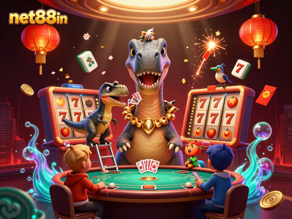 Engage at net88in with a 3D cartoon scene featuring a dinosaur and a raptor dealer.
