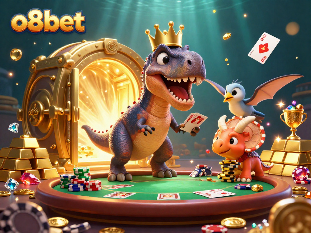 Win big at o8bet with a fun 3D casino scene featuring friendly dinosaur characters and vibrant game elements.