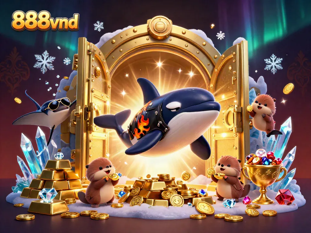 Join the fun with 888vnd in a lively underwater casino scene as sea creatures play for treasure!