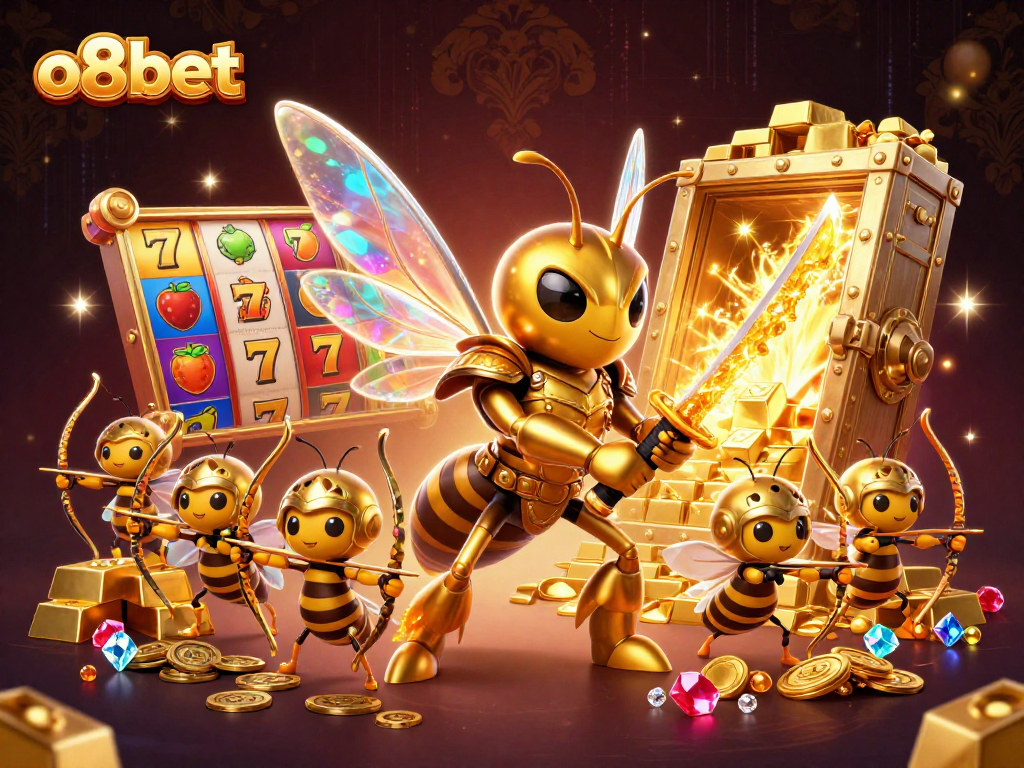 Experience thrilling wins at o8bet with vibrant slot reels and golden treasures in an engaging casino scene.