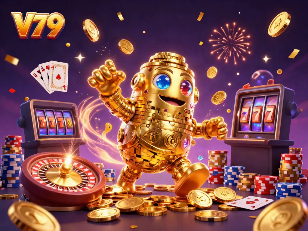 Experience V79's thrilling casino adventure with a dynamic golden golem and sparkling gaming elements.