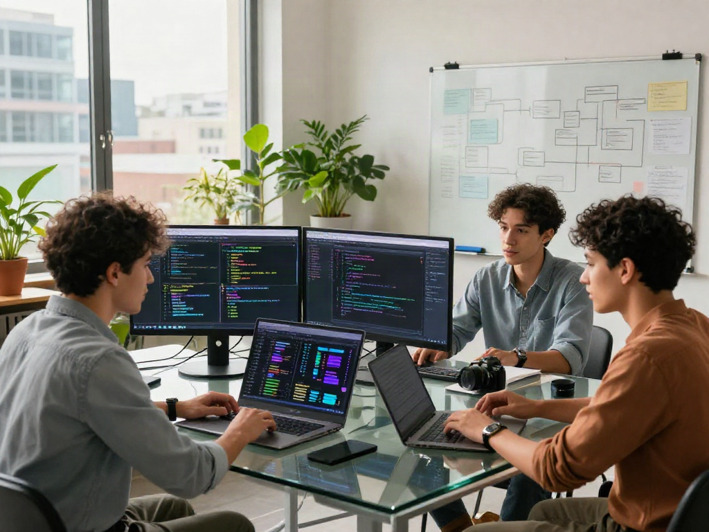 Team of engineers collaborating on juicy ai solutions in a modern office setting.