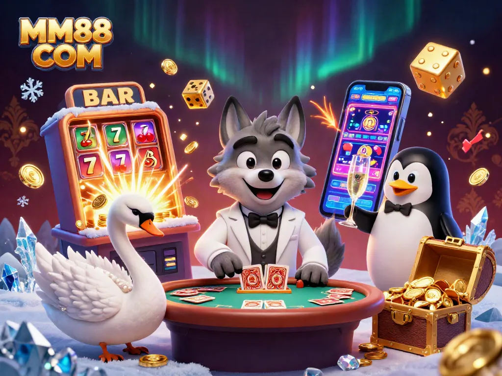 Bet on MM88 COM with a lively 3D casino scene featuring iconic characters and a jackpot burst.