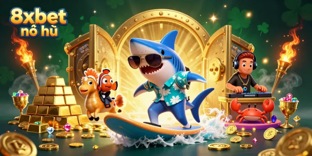 Experience 8xbet nổ hũ with a lively illustration showcasing exciting casino elements and vibrant characters.