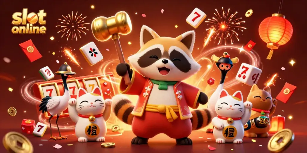 Spin the reels with lively characters in a vibrant slot online celebration, featuring a tanuki, crane, and maneki-neko.