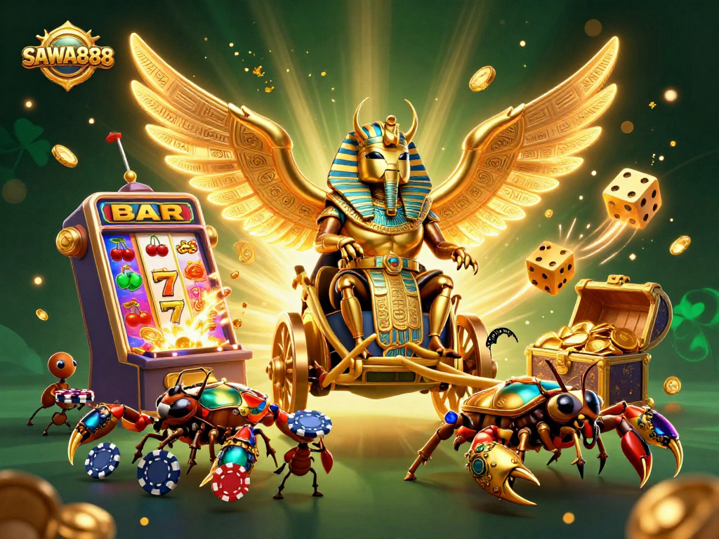 SAWA888 presents an exciting jackpot scene with colossal beetles and casino elements bursting with energy.