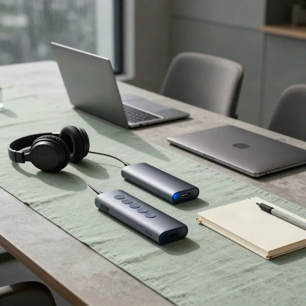 Workshop kit for systems training on a diagonal table with laptop, presenter, headset and notebook.