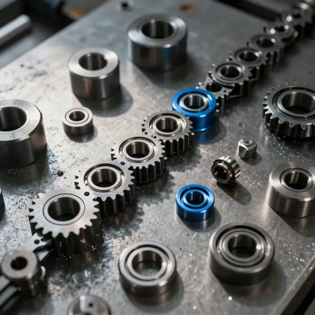 Top-down industrial still life of machined gear blanks, hex keys, bearing rings and a blue spacer on brushed metal.