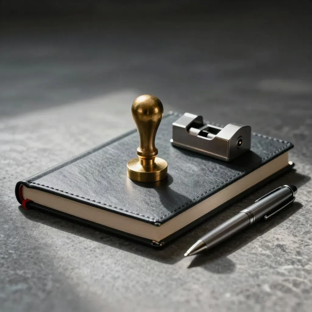 Finance still life with ledger, seal stamp, paperweight and pen cap on stone.