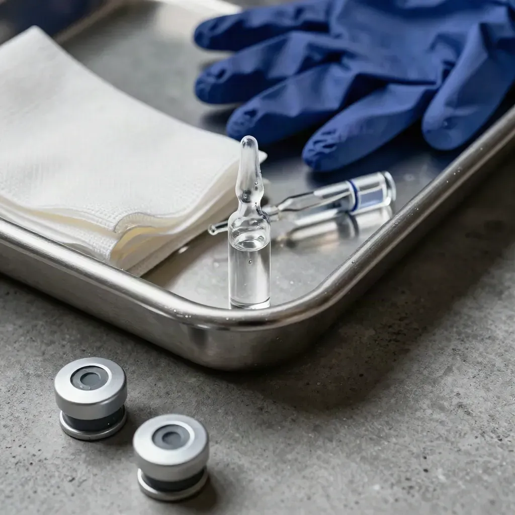 Stainless tray, sealed ampoules, gauze and navy glove cuffs on misty concrete.