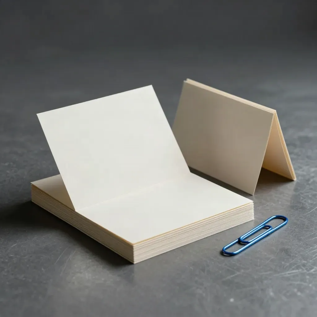 Blank tabbed cards, folded tent card and paper clip rail on brushed metal in dramatic studio light