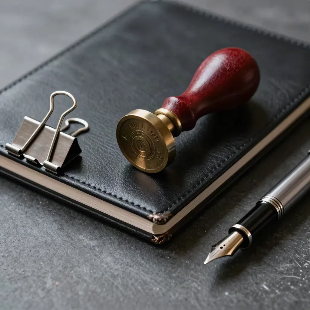 Bronze legal seal, leather folio, clip, and pen cap on graphite stone in soft macro light.