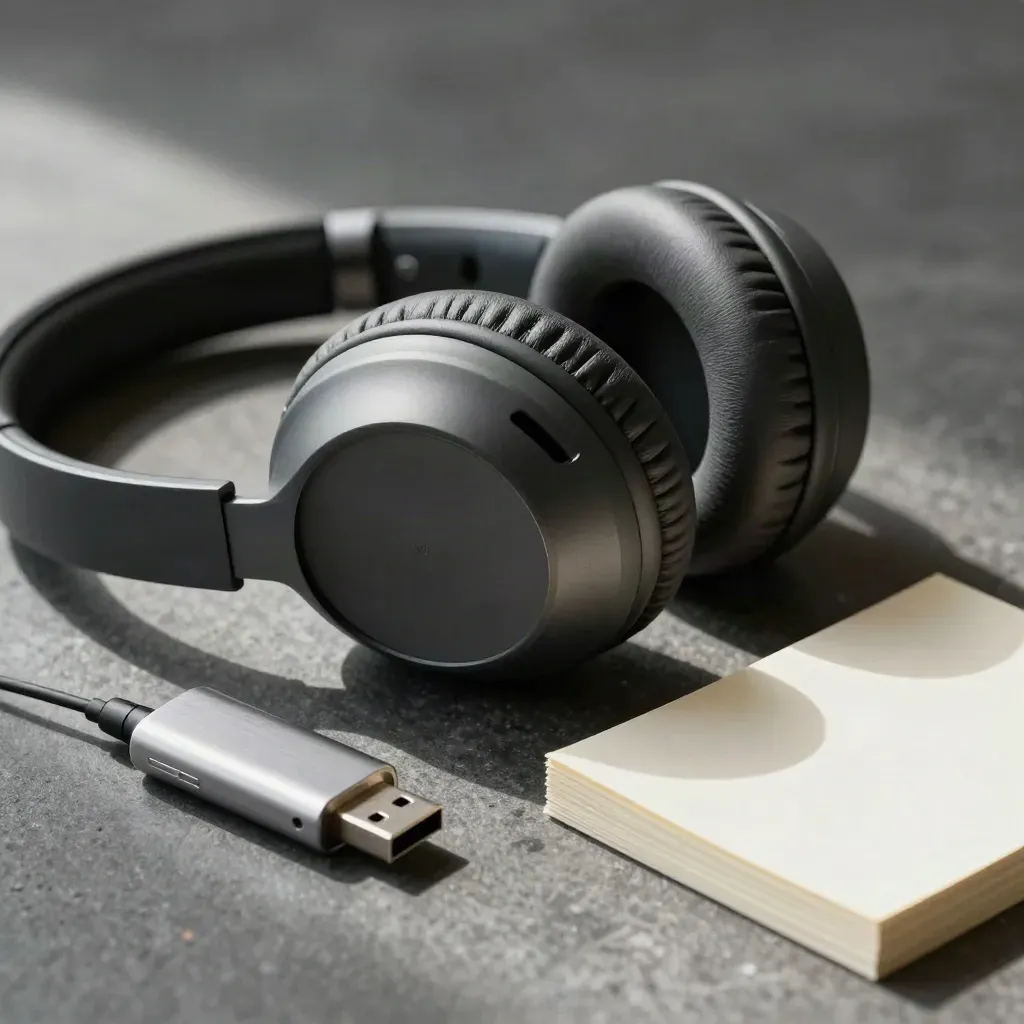 Macro headset, ear cushion, USB dongle and note cards on stone for refresher training.