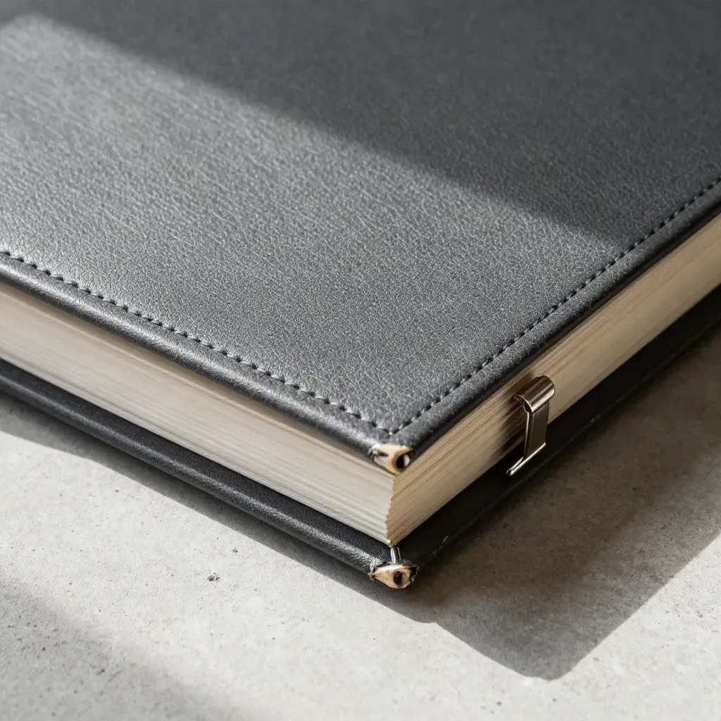 Graphite ring binder with steel clips on pale concrete, lit from upper left