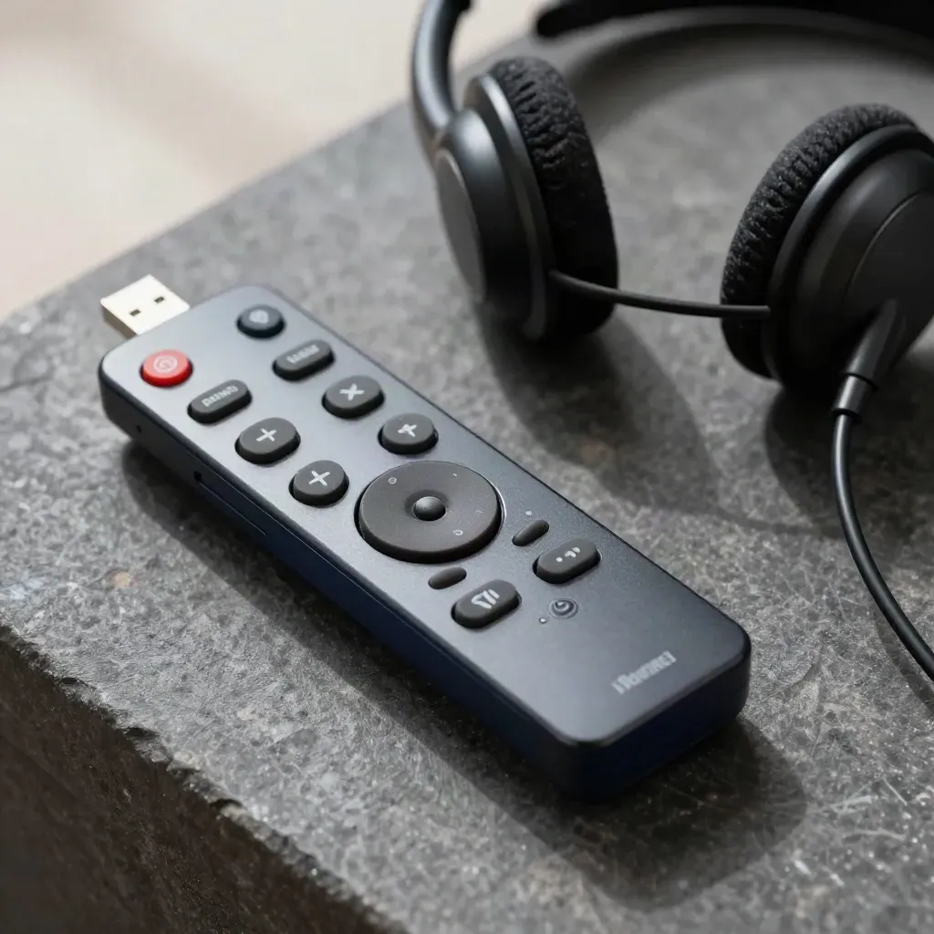 Top-down macro of a presenter remote, USB receiver and headset earcup on dark stone.