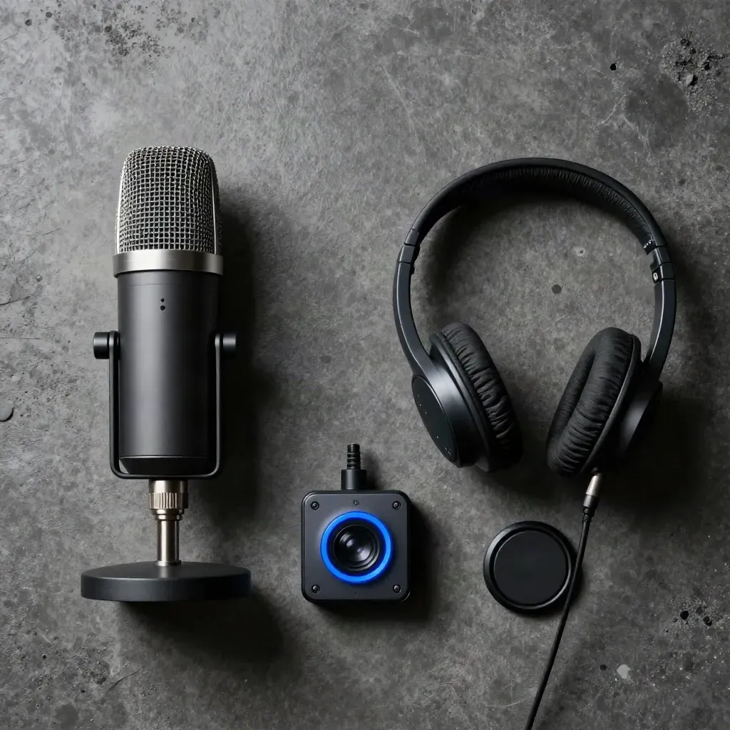Top-down broadcast-ready still life of mic, headset, lens cap and receiver on dark concrete.