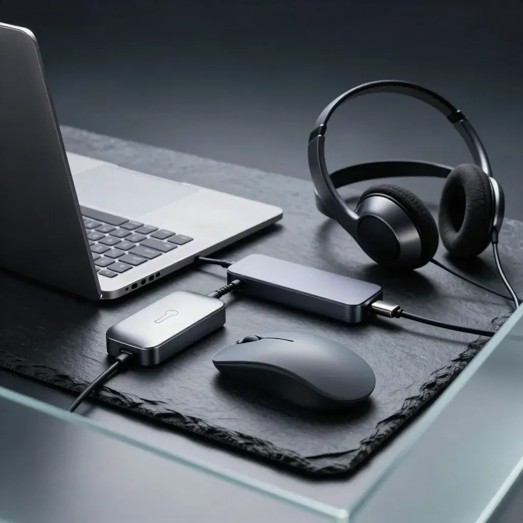 Closed laptop kit with mouse, dock and headset seen through frosted glass in a dark studio.