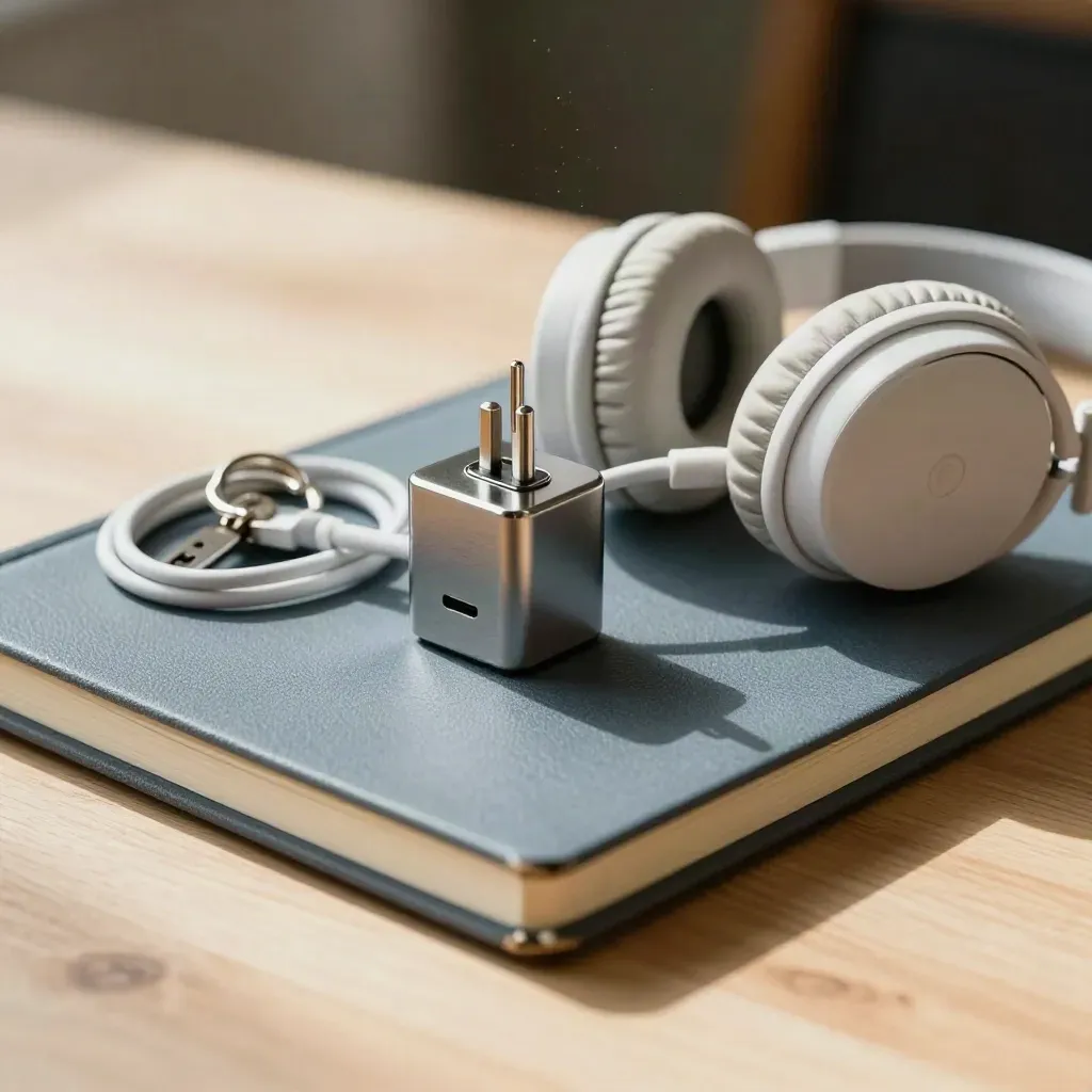 Portable SME training kit: charger, headset, keyring, adapter and notebook on pale wood.