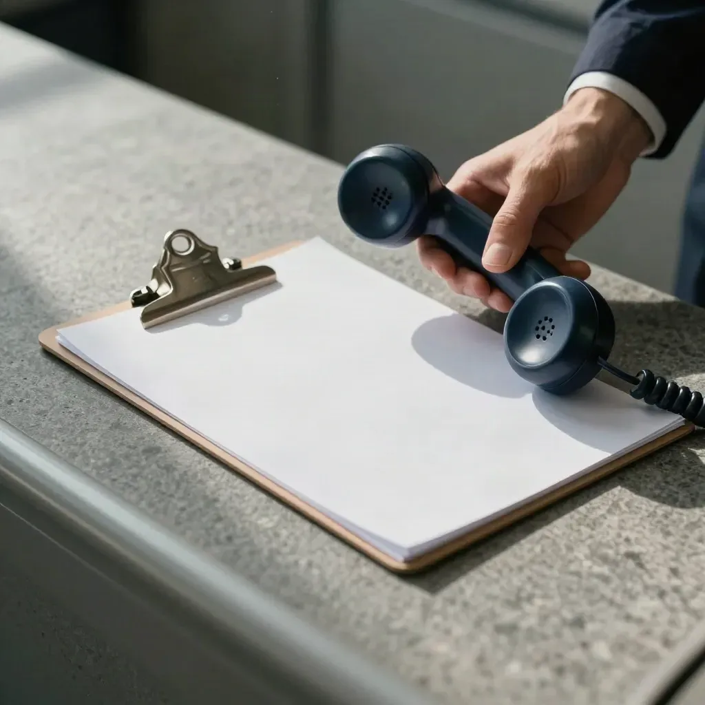 Clipboard, phone handset, cable clips and tray divider on stone in dramatic close-up.