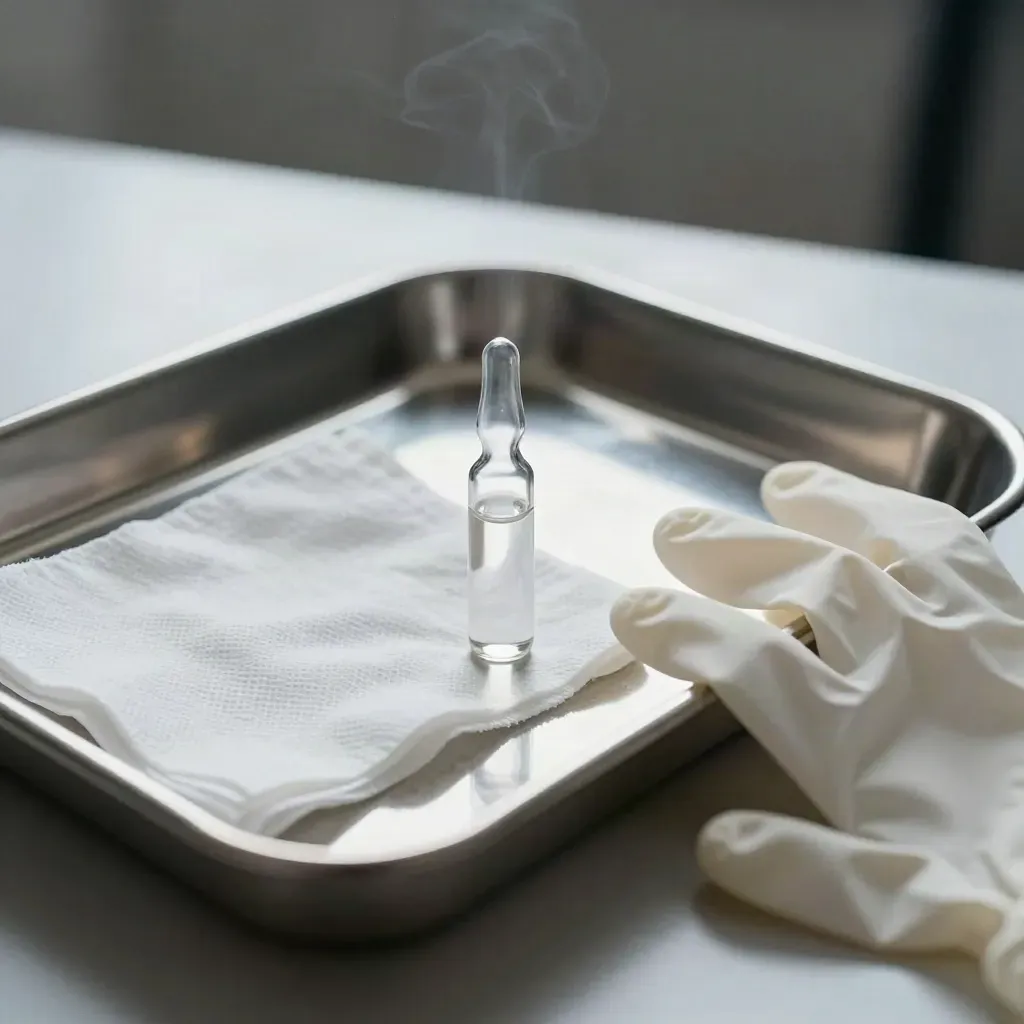 Macro still life of sterile tray, ampoules, gauze and glove cuffs on brushed metal.