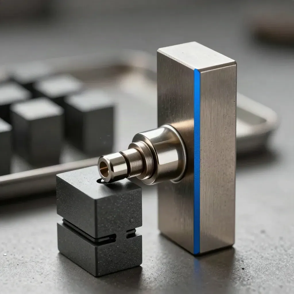 Graphite machined blocks bridged by a polished connector on brushed metal in dramatic studio light