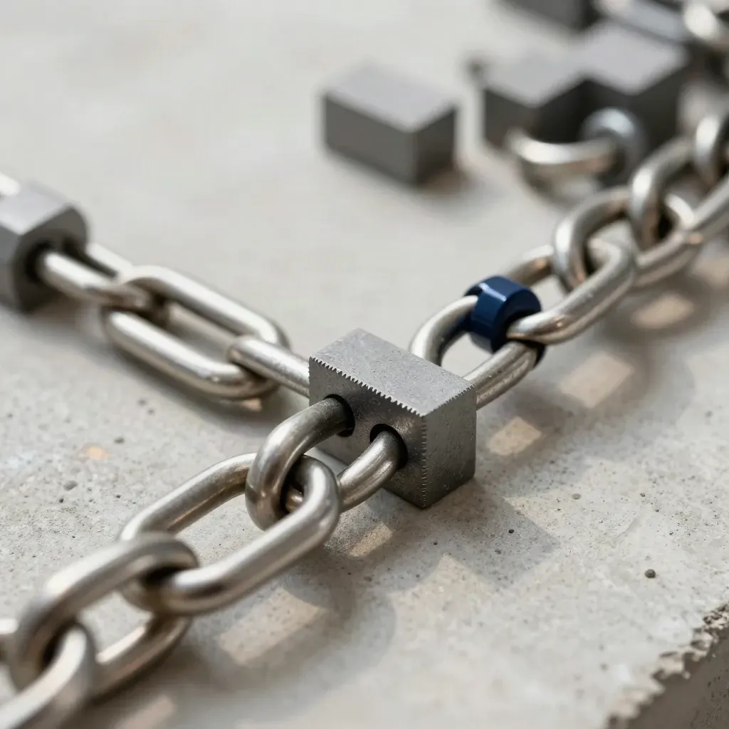 Macro overhead of linked steel rings and graphite blocks on concrete with a navy accent.