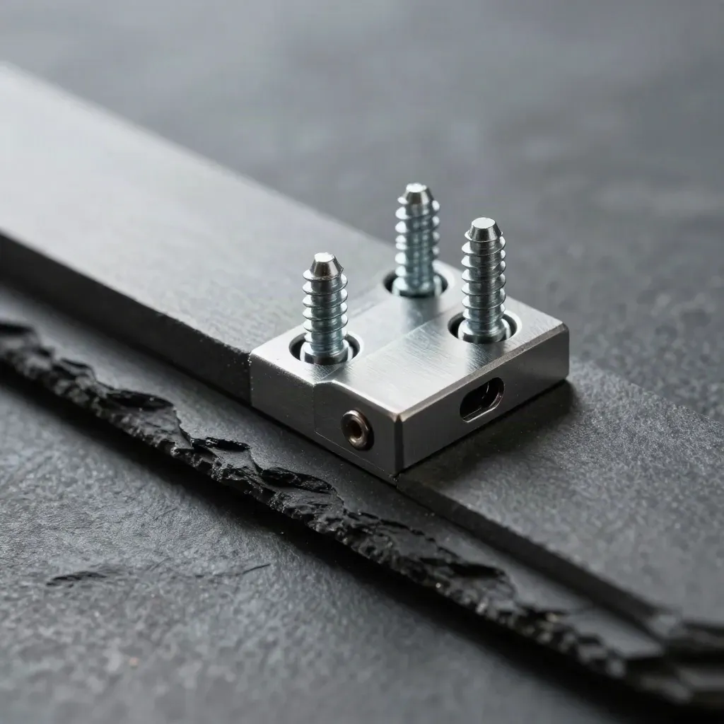 Steel screws and a locking bracket on slate stone under raking light.