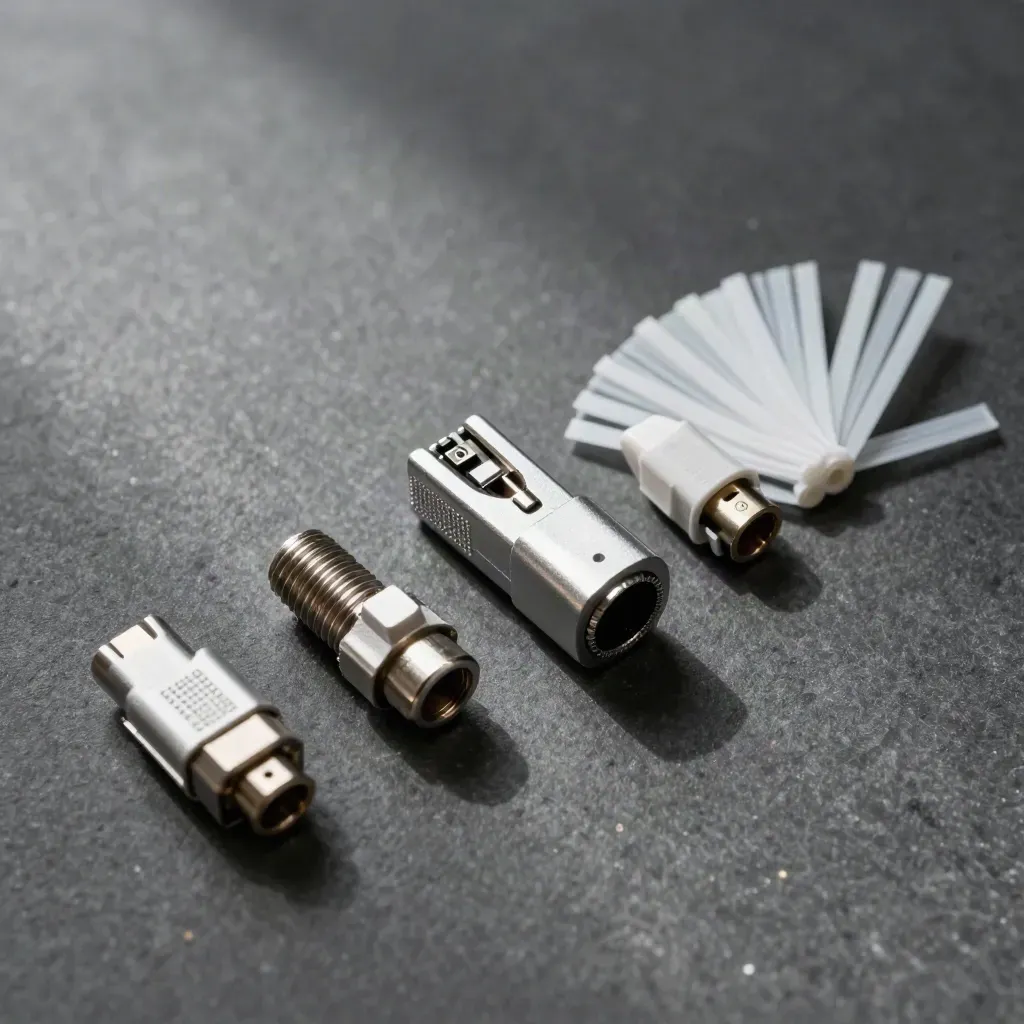 Overhead still life of metal connectors and adapter parts on matte graphite with soft daylight