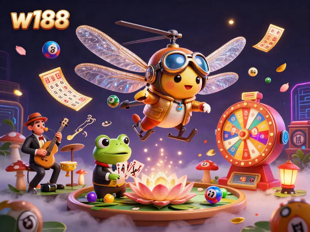 Experience excitement at w188 with a vibrant casino scene featuring a dragonfly pilot and frog dealer.