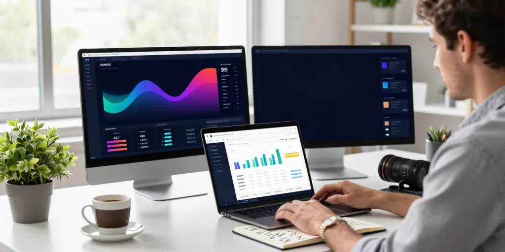 Digital marketing expert analyzing instant indexing metrics on dual screens in a modern workspace.
