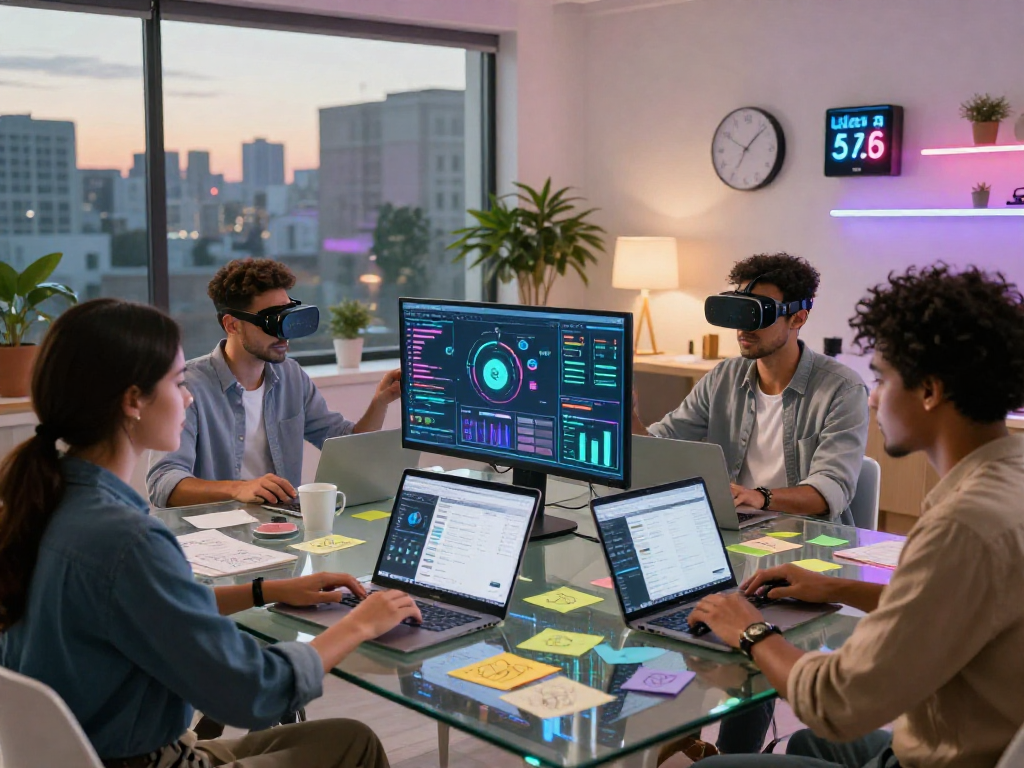 Creative team collaborating on 18+ ai social media strategies in a futuristic workspace.