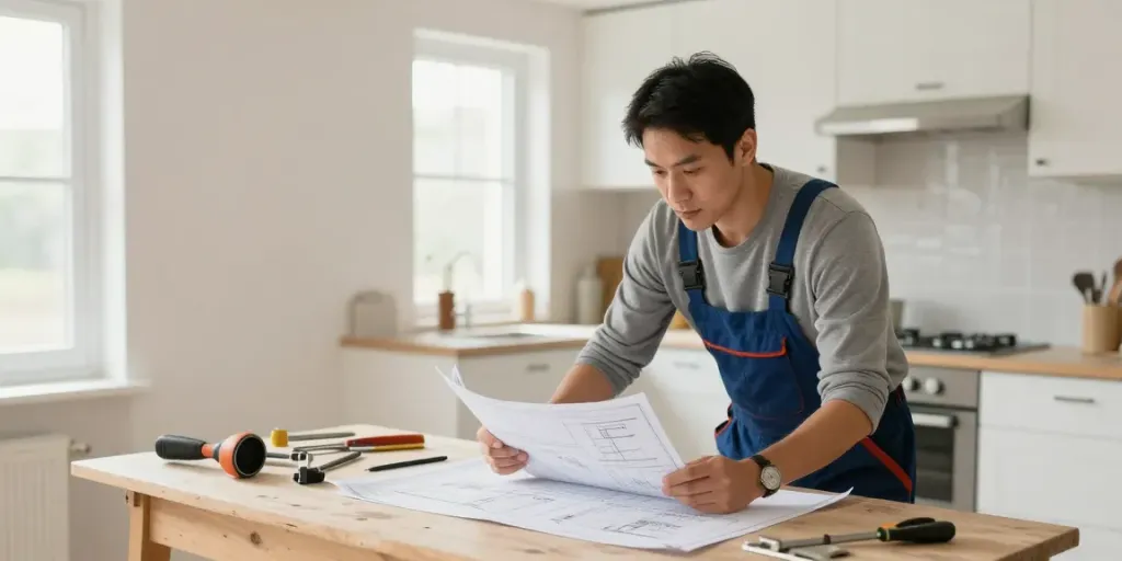 Trusted local contractor assessing plans for a home renovation, showcasing a reliable slot gacor service provider.