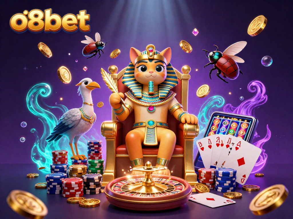 o8bet offers a vibrant casino scene with Egyptian pharaoh cat, shimmering gold coins, and dynamic game elements.