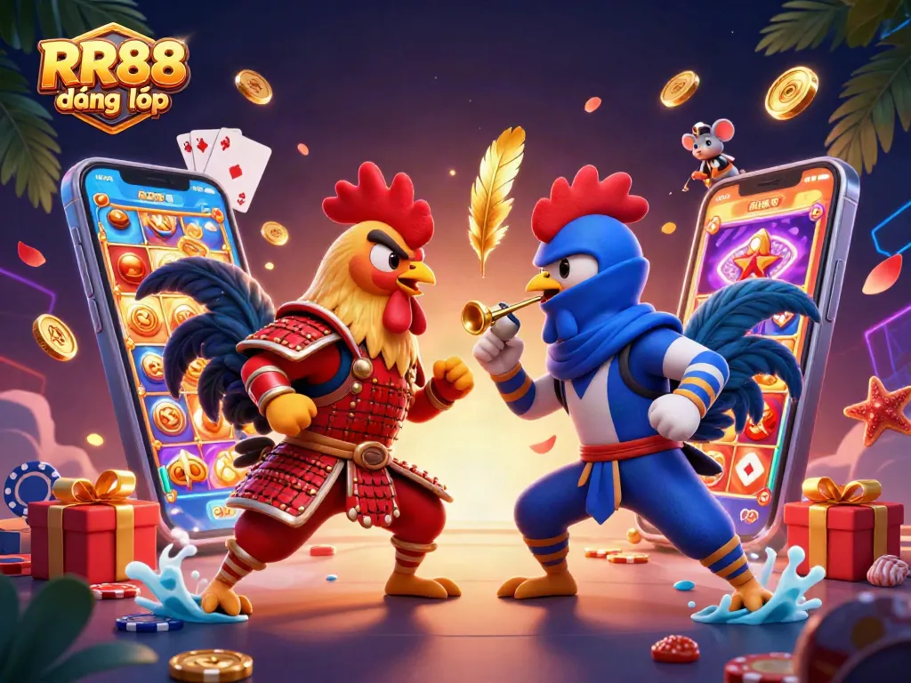 Engage with RR88 đăng nhập in this vibrant 3D illustration showcasing a thrilling tournament featuring fighting roosters.