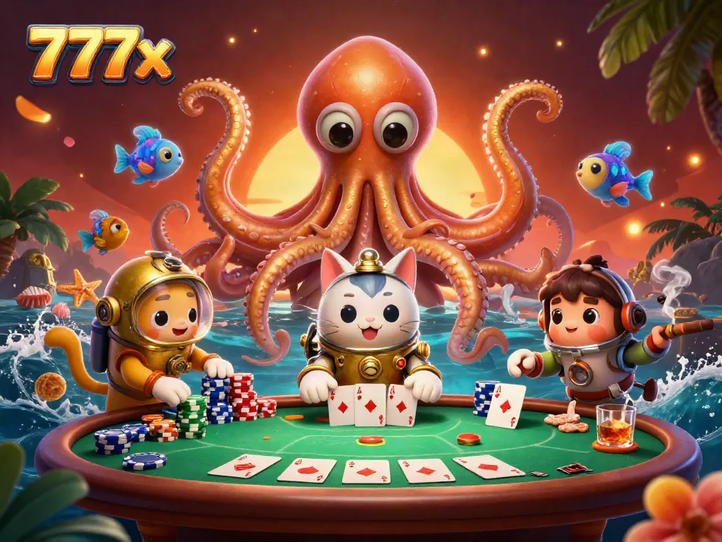 Experience thrilling poker moments with the giant kraken and diving cat in this vibrant 777x casino scene.