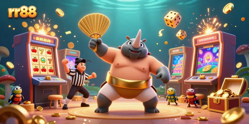 Experience the excitement of rr88 gaming with a dynamic scene of a rhinoceros beetle sumo champion amidst a jackpot explosion.