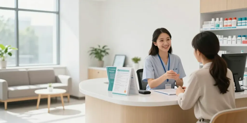 Check out our weight loss pharmacy with a friendly pharmacist assisting a patient in a modern healthcare setting.