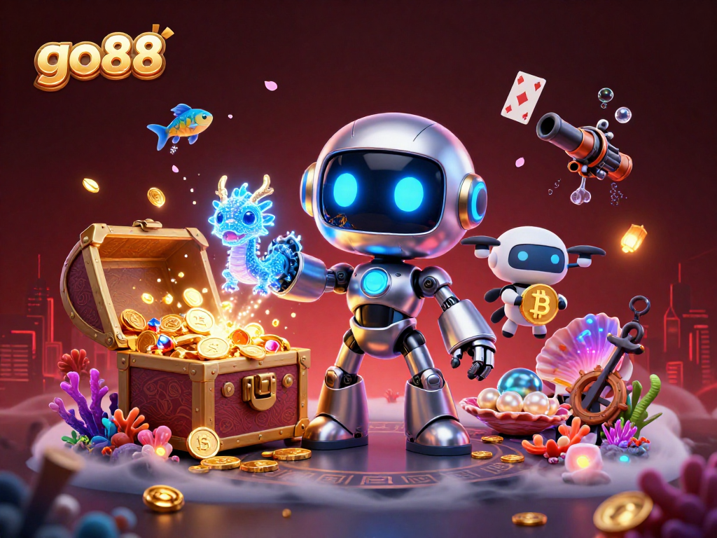 go88 showcases a vibrant 3D casino scene with cyberpunk elements and dynamic gaming action.