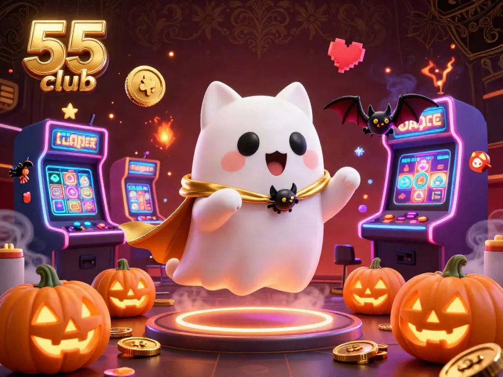Experience thrilling gameplay with the vibrant 55 club illustration showcasing a ghost cat in a lively casino.