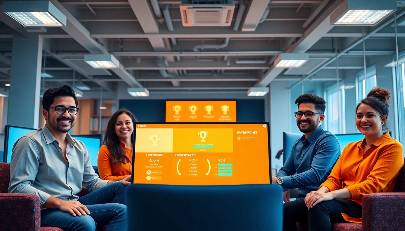 Explore gamification for companies in a modern office setting, featuring employees engaging in interactive learning.
