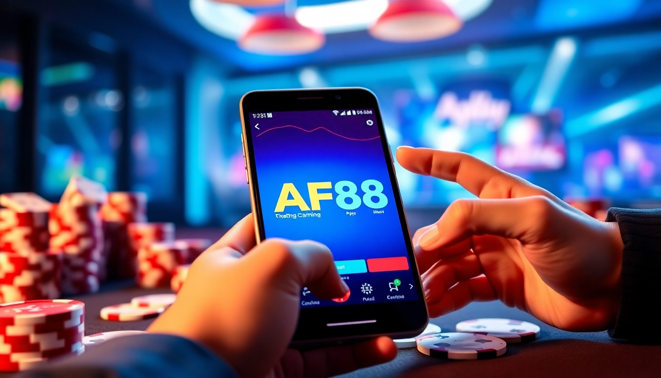 AF88 com mobile app interface in a vibrant casino gaming scene