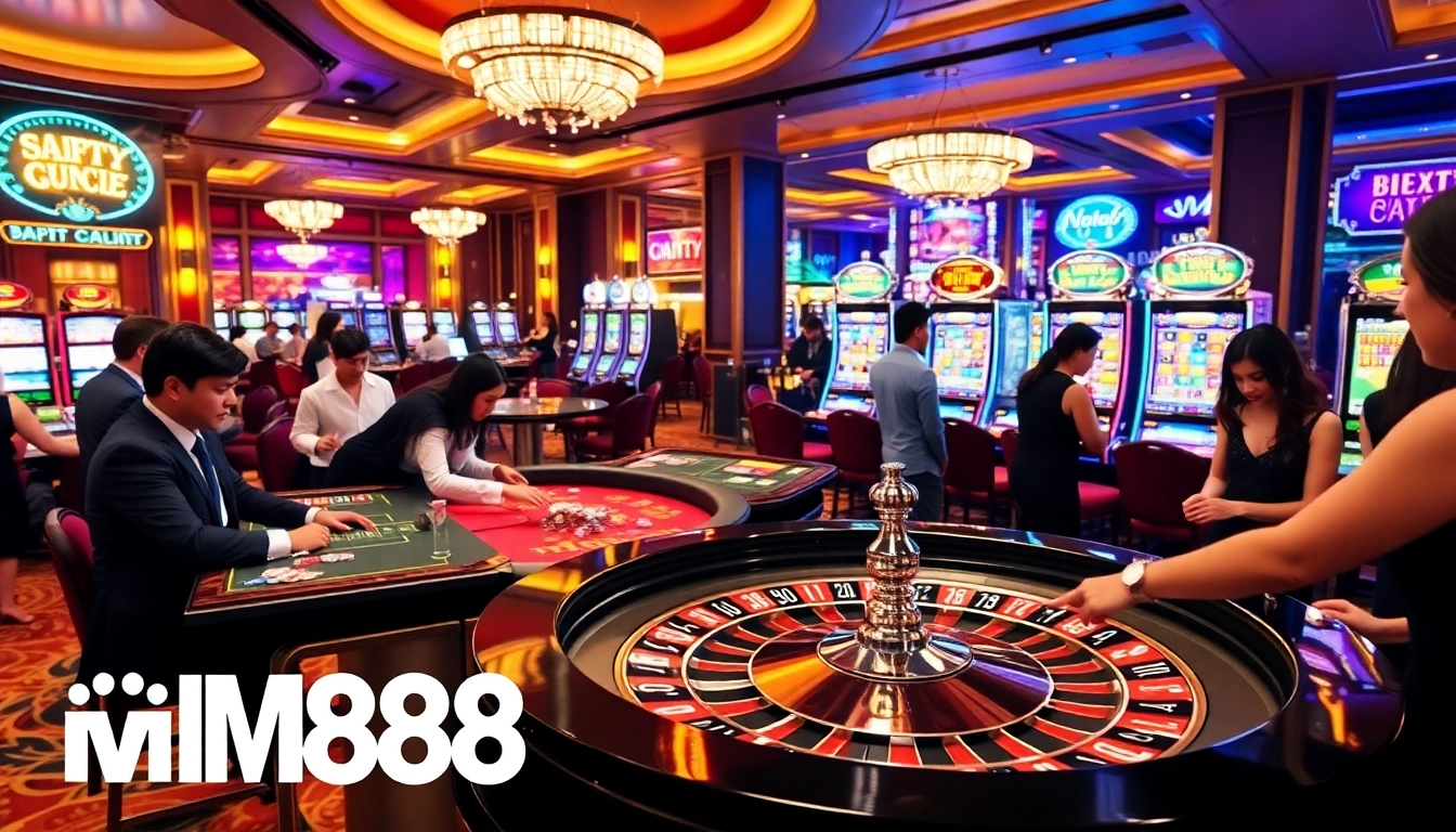 MM88 players enjoying roulette and slot machines in a luxury casino setting