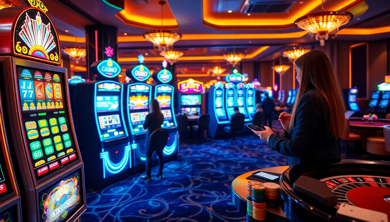 Engaged gamblers using doaslot login at vibrant slot machines in a luxurious casino.