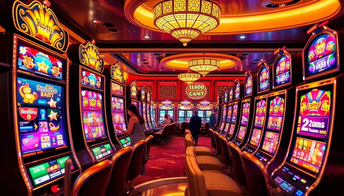 Experience the thrill of birutoto at a vibrant casino slot machine area with excited players.