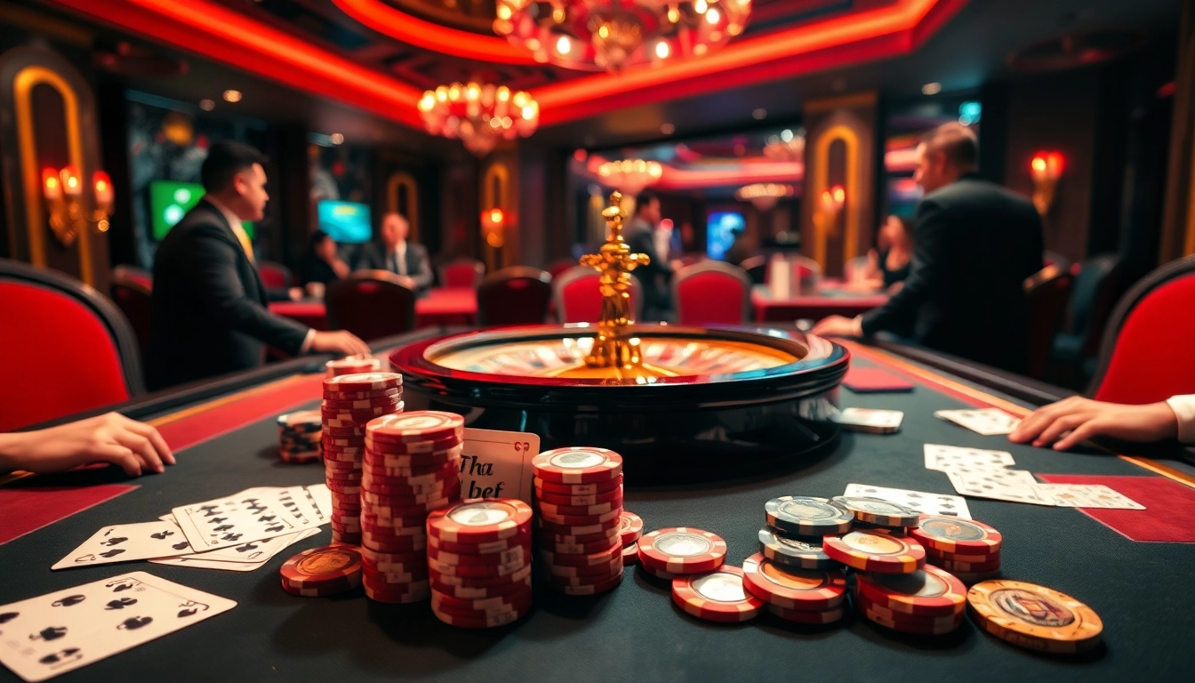 Experience Tha bet at a luxurious casino table with vibrant poker chips and cards.