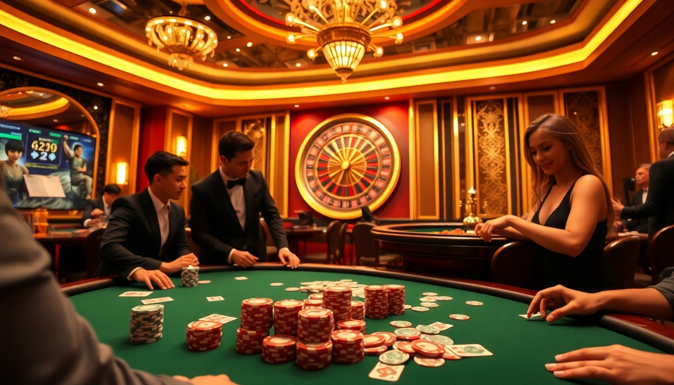Players enjoying games at Rr88it casino tables, showcasing excitement and luxury.