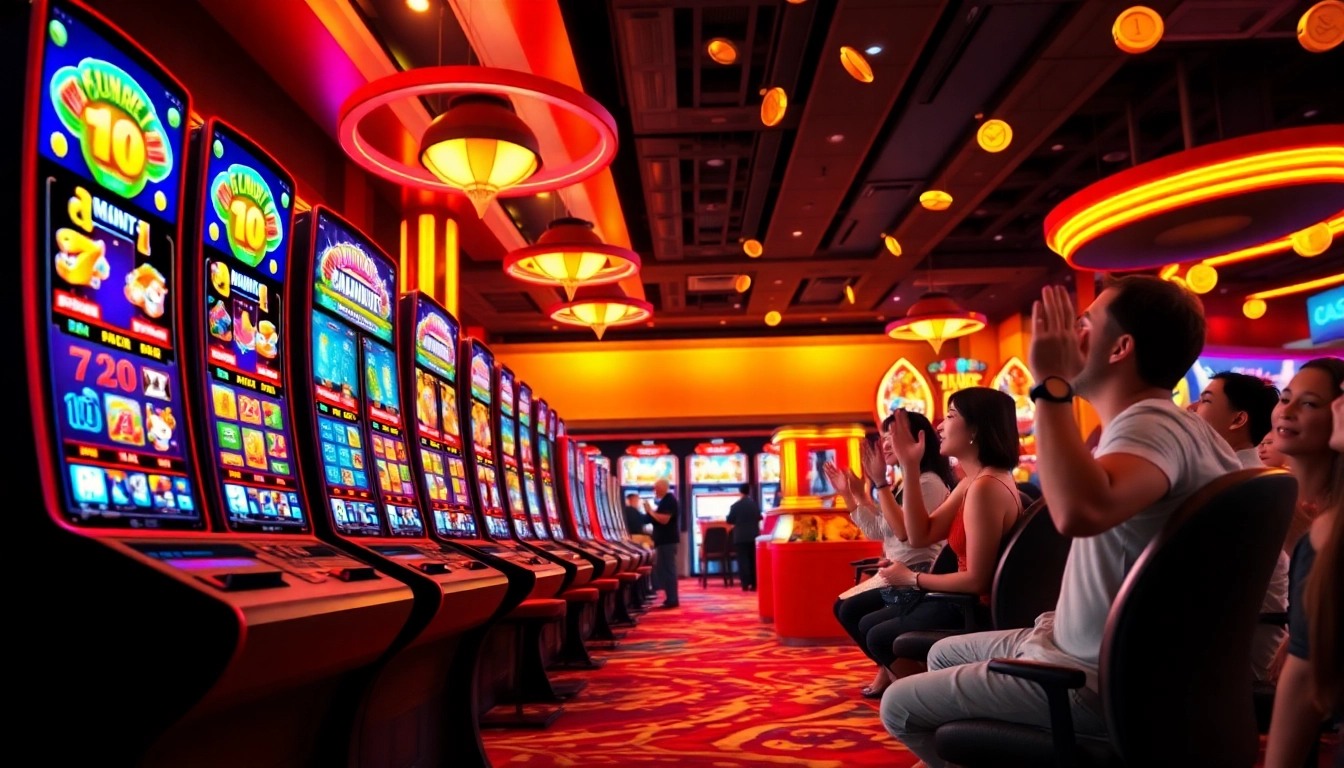 Hoki138 Pro online casino scene with vibrant slot machines, warm lighting, and enthusiastic players.