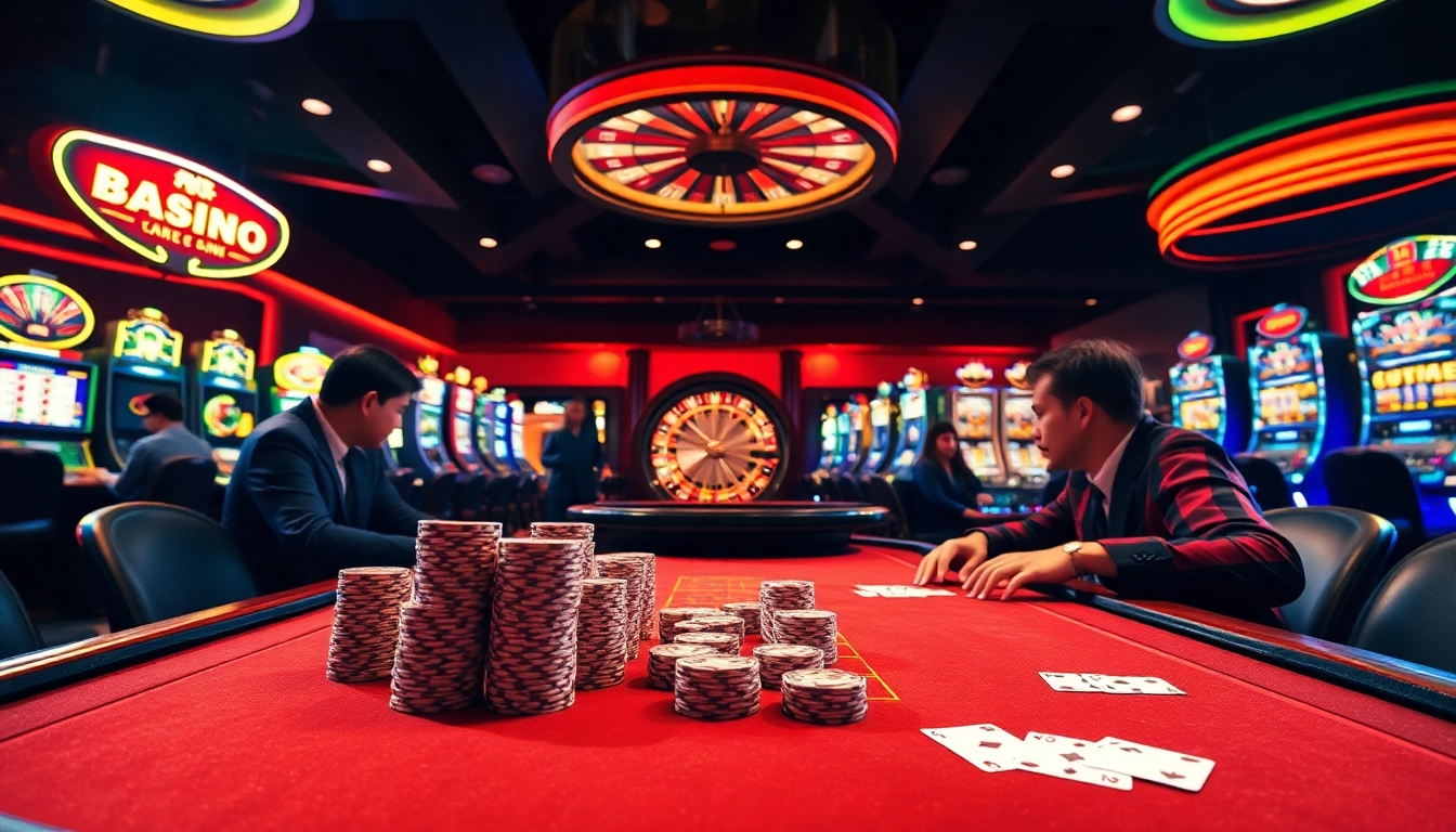 Engage in high-stakes excitement at Trang Chủ BJ88 with this vibrant casino scene featuring poker tables and slot machines.
